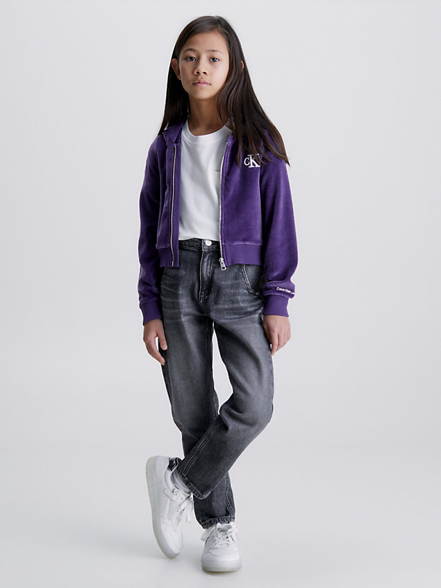purple slim fluwelen hoodie met rits voor meisjes - calvin klein jeans