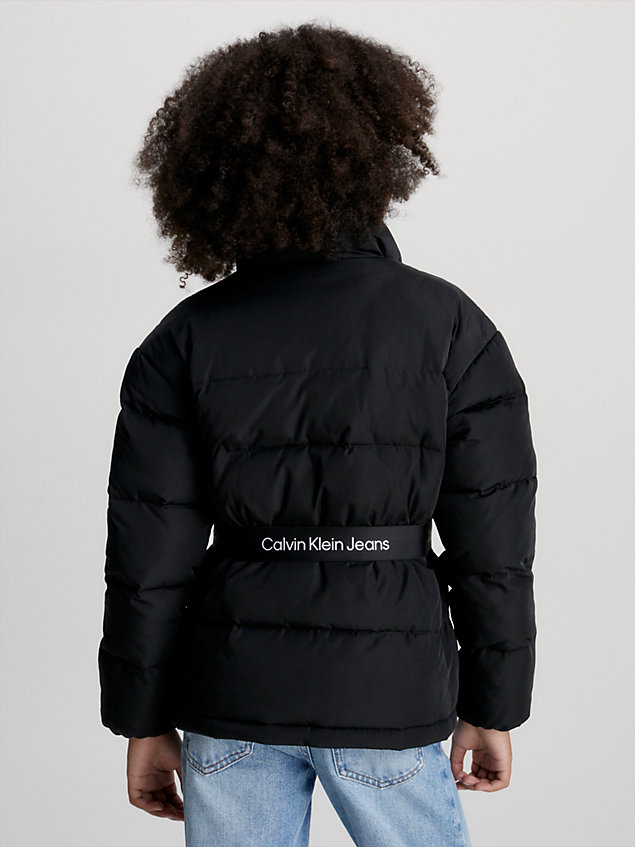 black wąska ocieplana kurtka z paskiem dla dziewczynki - calvin klein jeans