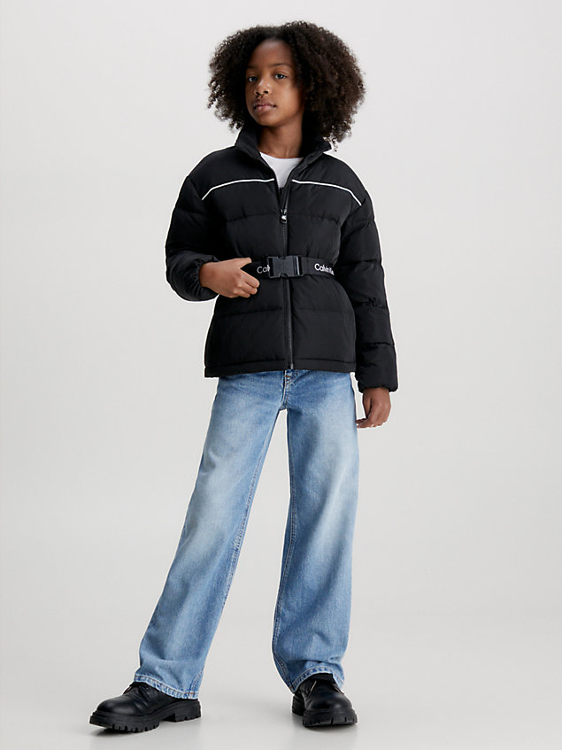 black wąska ocieplana kurtka z paskiem dla dziewczynki - calvin klein jeans