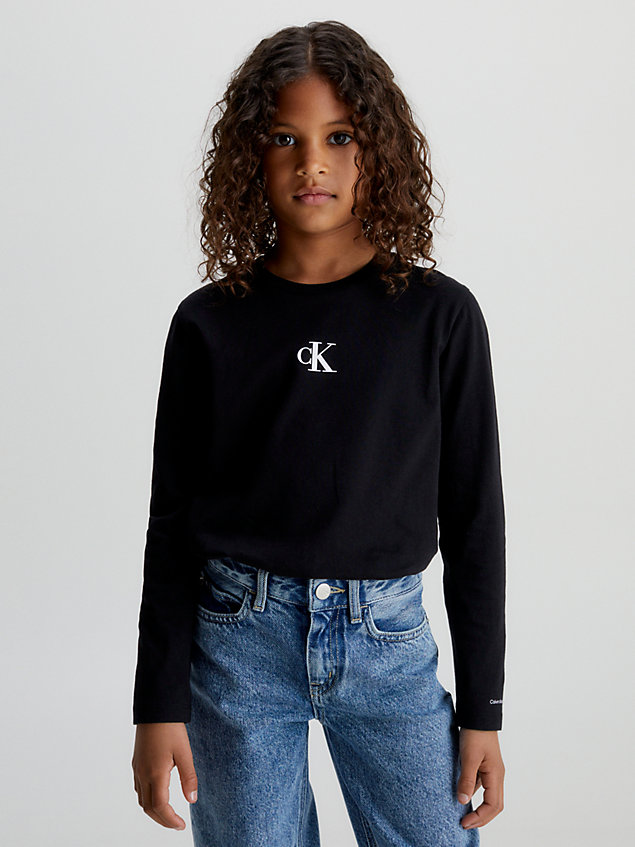 t-shirt à manches longues avec logo black pour filles calvin klein jeans