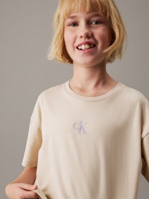 oyster gray boxy logo t-shirt for girls calvin klein jeans