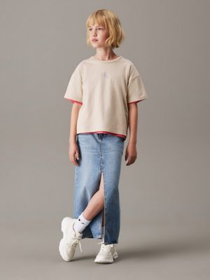 oyster gray boxy logo t-shirt for girls calvin klein jeans