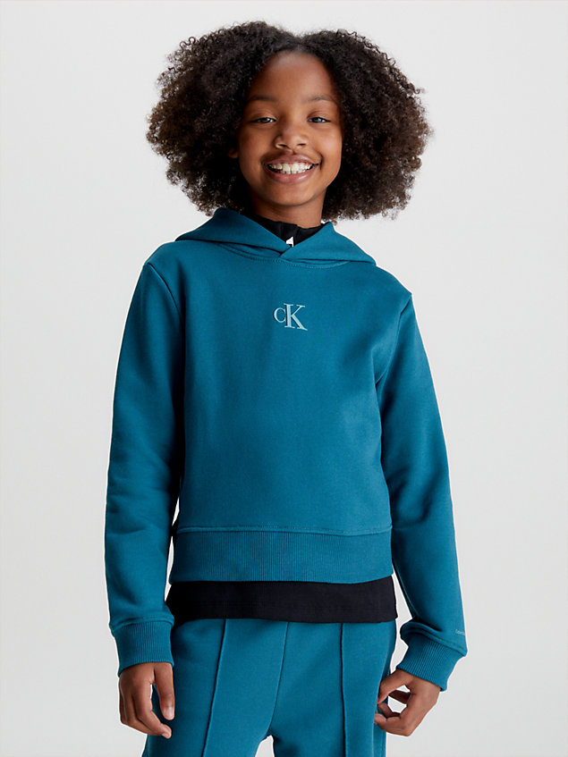blue boxy katoenen hoodie voor meisjes - calvin klein jeans