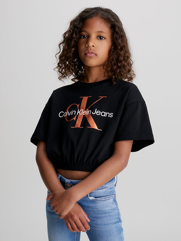 black boxy t-shirt met getailleerd logo voor meisjes - calvin klein jeans