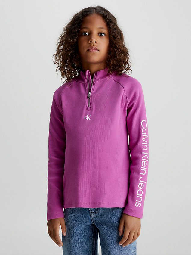 purple top met geribbeld ritsembleem voor meisjes - calvin klein jeans