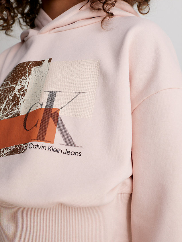 pink kastenförmiger logo-hoodie mit grafik für maedchen - calvin klein jeans