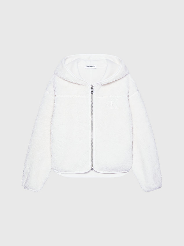 white relaxed teddy zip up hoodie for girls calvin klein jeans