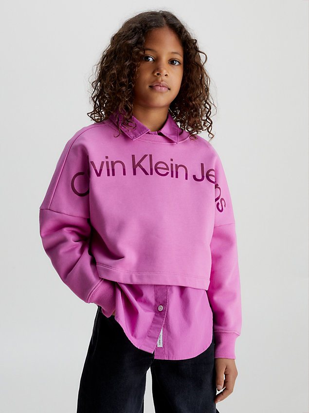 purple boxy sweatshirt met logo voor meisjes - calvin klein jeans