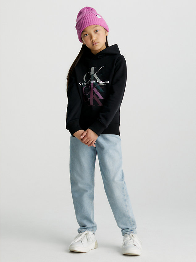 black boxy fleece hoodie met logo voor meisjes - calvin klein jeans