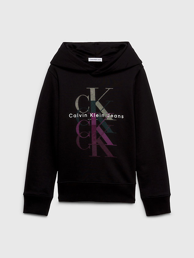 black boxy fleece hoodie met logo voor meisjes - calvin klein jeans