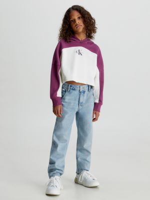 purple boxy colourblock logo hoodie for girls calvin klein jeans