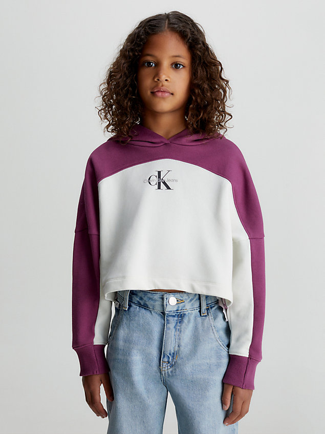 purple boxy colourblock hoodie met logo voor meisjes - calvin klein jeans
