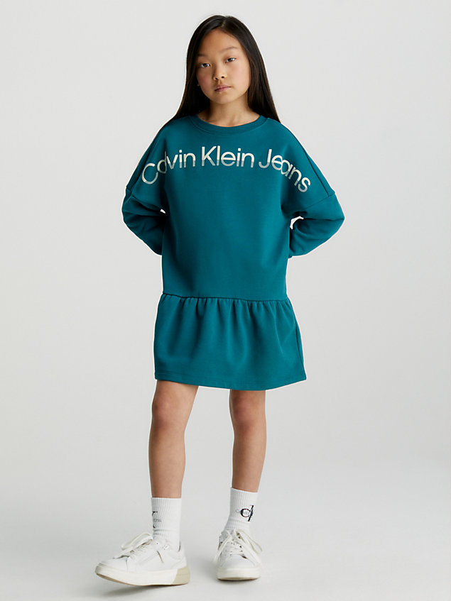 blue uitlopende sweatshirtjurk met logo voor meisjes - calvin klein jeans