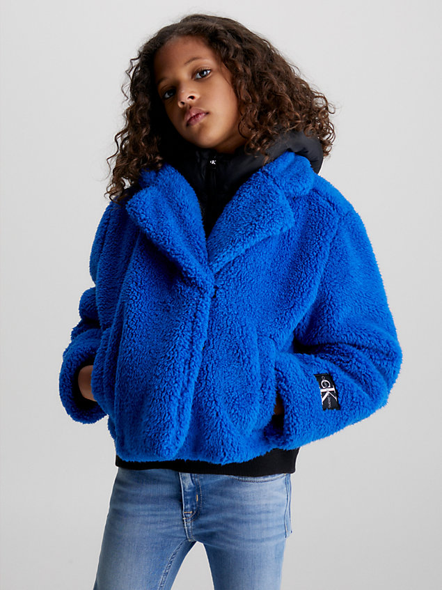 blue layered teddy jacket for girls calvin klein jeans