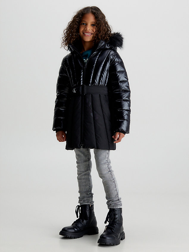 black płaszcz puchowy z paskiem dla dziewczynki - calvin klein jeans