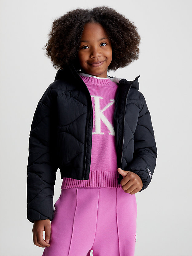 ck black hooded quilted puffer jacket for girls calvin klein jeans