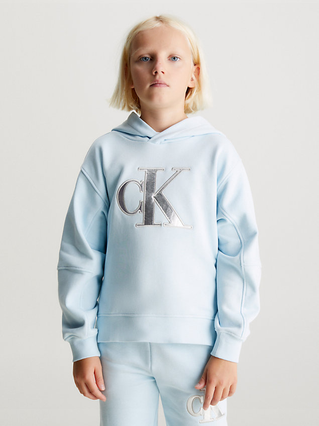 blue relaxed hoodie met logo voor meisjes - calvin klein jeans