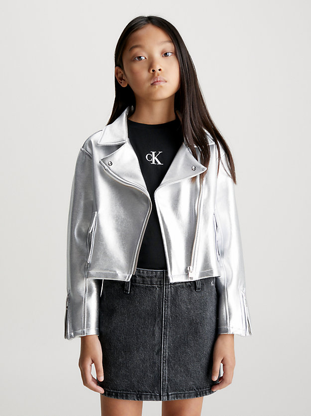 silver coated spacer biker jacket for girls calvin klein jeans