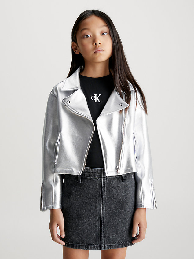 grey coated spacer biker jacket for girls calvin klein jeans