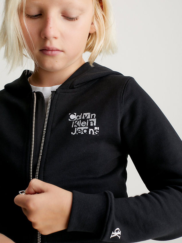 black schmaler logo-hoodie mit reißverschluss für maedchen - calvin klein jeans