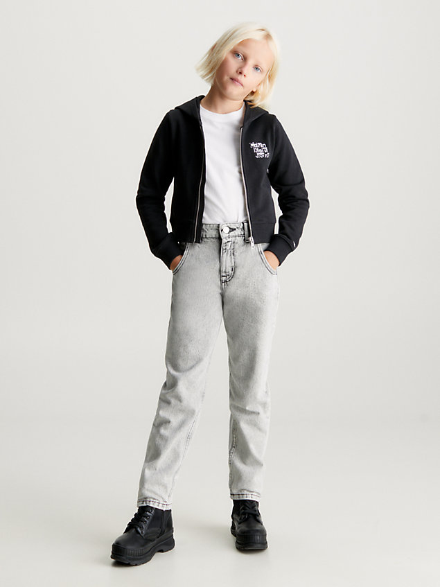 felpa con cappuccio con logo e zip integrale slim black da bambina calvin klein jeans