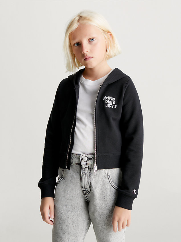 black slim hoodie met rits en logo voor meisjes - calvin klein jeans