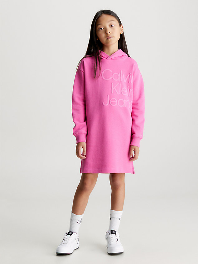 pink sukienka dresowa z kapturem z logo dla dziewczynki - calvin klein jeans