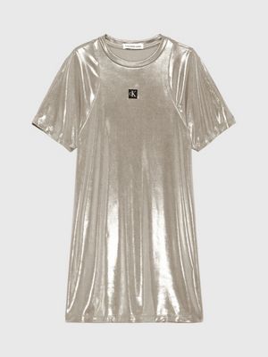 Calvin Klein Women's Metallic Embellished Logo Grey T-Shirt Dress Size L  NWT