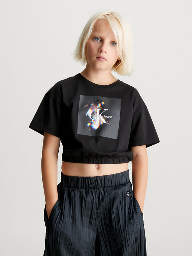 black t-shirt z graficznym logo o skróconym kroju dla dziewczynki - calvin klein jeans