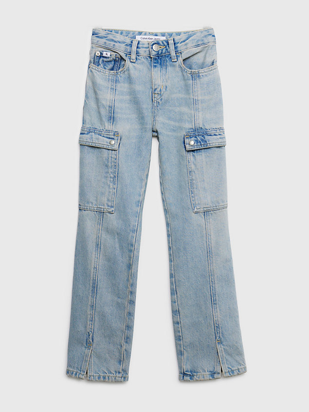 blue high-rise straight cargo-jeans für maedchen - calvin klein jeans