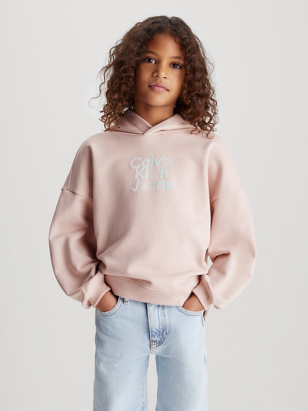 pink bluza z kapturem z materiału frotte z logo dla dziewczynki - calvin klein jeans