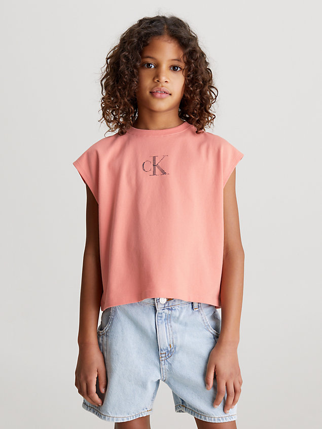 pink pudełkowy top bez rękawów z logo dla dziewczynki - calvin klein jeans