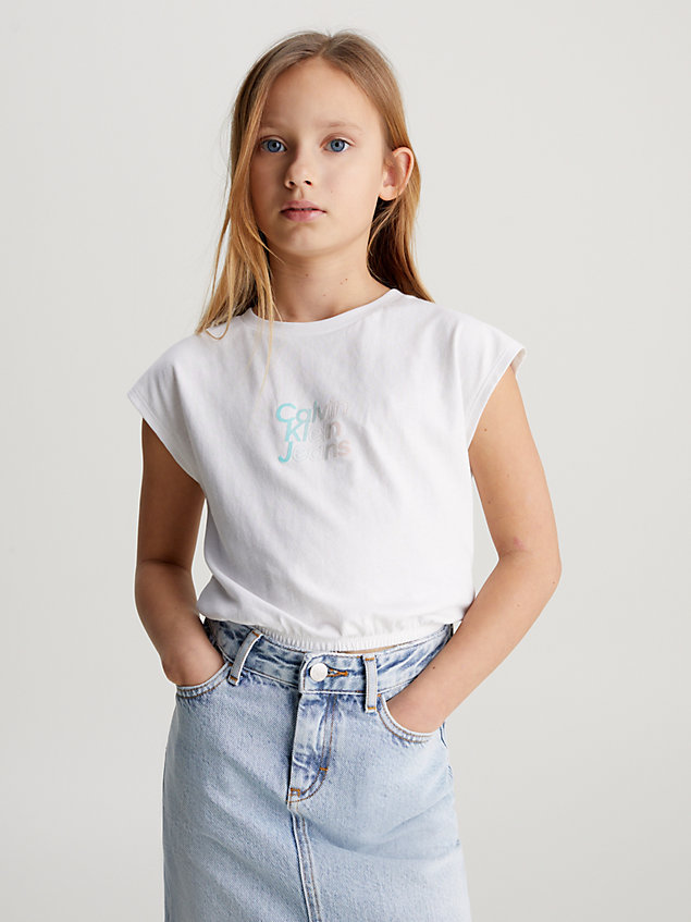 white hoekig t-shirt met flock logo voor meisjes - calvin klein jeans