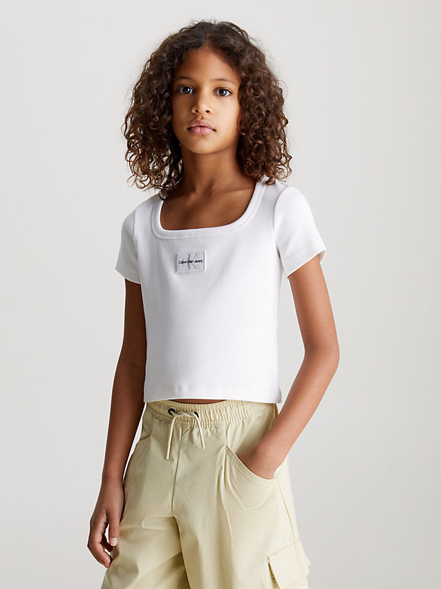 t-shirt en coton côtelé avec insigne white pour filles calvin klein jeans