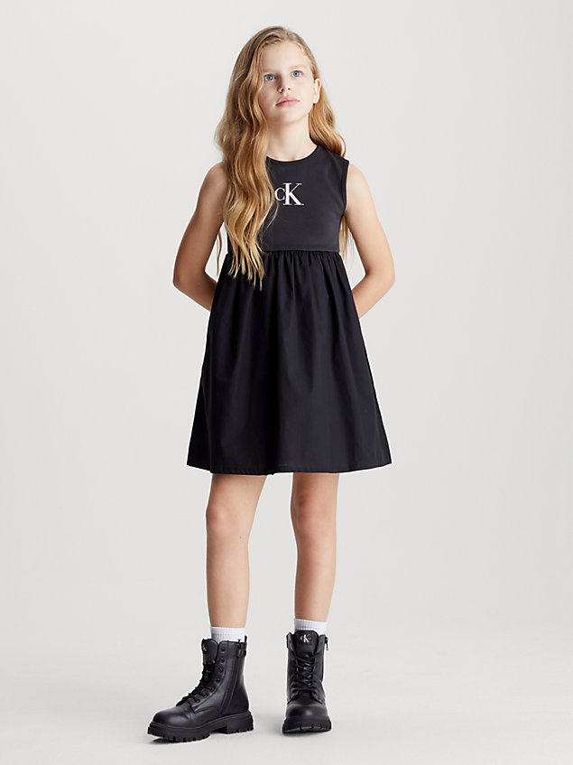 black mouwloze jurk van materiaalmix voor meisjes - calvin klein jeans