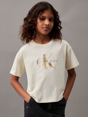 white boxy glitter logo t-shirt for girls calvin klein jeans