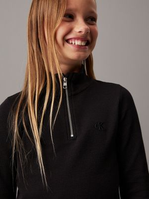 ck black waffle jersey zip neck top for girls calvin klein jeans