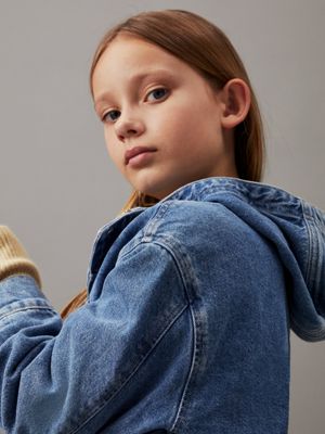 modern blue cf boxy denim hooded jacket for girls calvin klein jeans