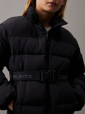 ck black slim belted logo puffer jacket for girls calvin klein jeans