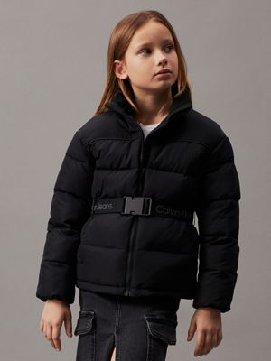 black slim belted logo puffer jacket for girls calvin klein jeans