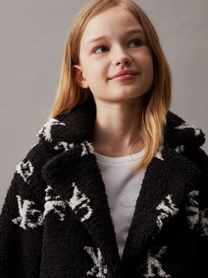 monogram aop black relaxed teddy logo coat for girls calvin klein jeans