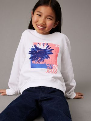 bright white boxy flower graphic sweatshirt for girls calvin klein jeans