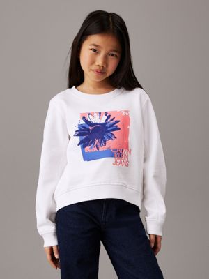 white boxy flower graphic sweatshirt for girls calvin klein jeans