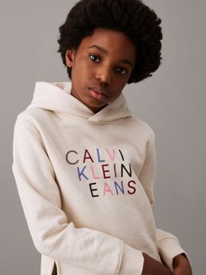 oatmeal heather boxy logo hoodie for girls calvin klein jeans