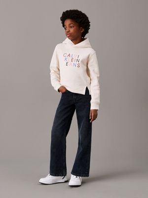 oatmeal heather boxy logo hoodie for girls calvin klein jeans