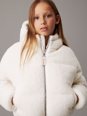 ivory cropped teddy puffer jacket for girls calvin klein jeans