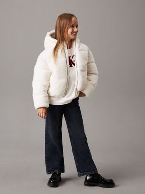 ivory cropped teddy puffer jacket for girls calvin klein jeans