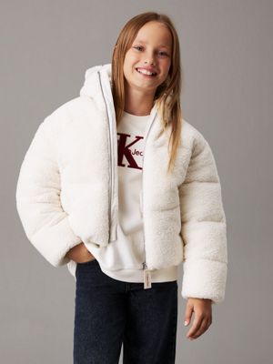 white cropped teddy puffer jacket for girls calvin klein jeans