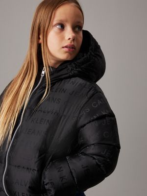 black logo aop hooded logo puffer jacket for girls calvin klein jeans