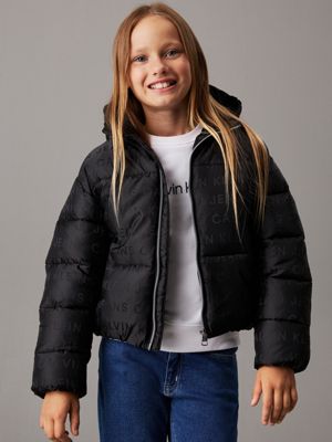 black hooded logo puffer jacket for girls calvin klein jeans